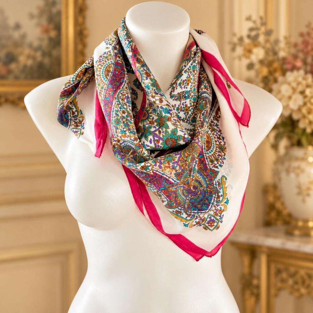 Vintage 1980s Paisley Silk Scarf Fuchsia Pink Border Turquoise Purple 30x31